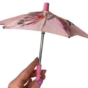 8" Doll Pink Silk Parasol Umbrella With Red Floral Design Wooden Handle Vintage